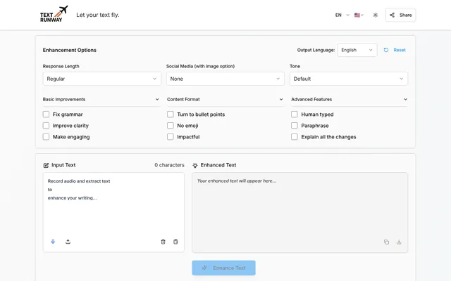 Text Runway text enhancement tool with tone, format and language options.