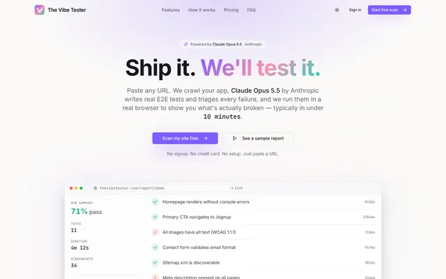 The Vibe Tester homepage: Ship it. We'll test it.